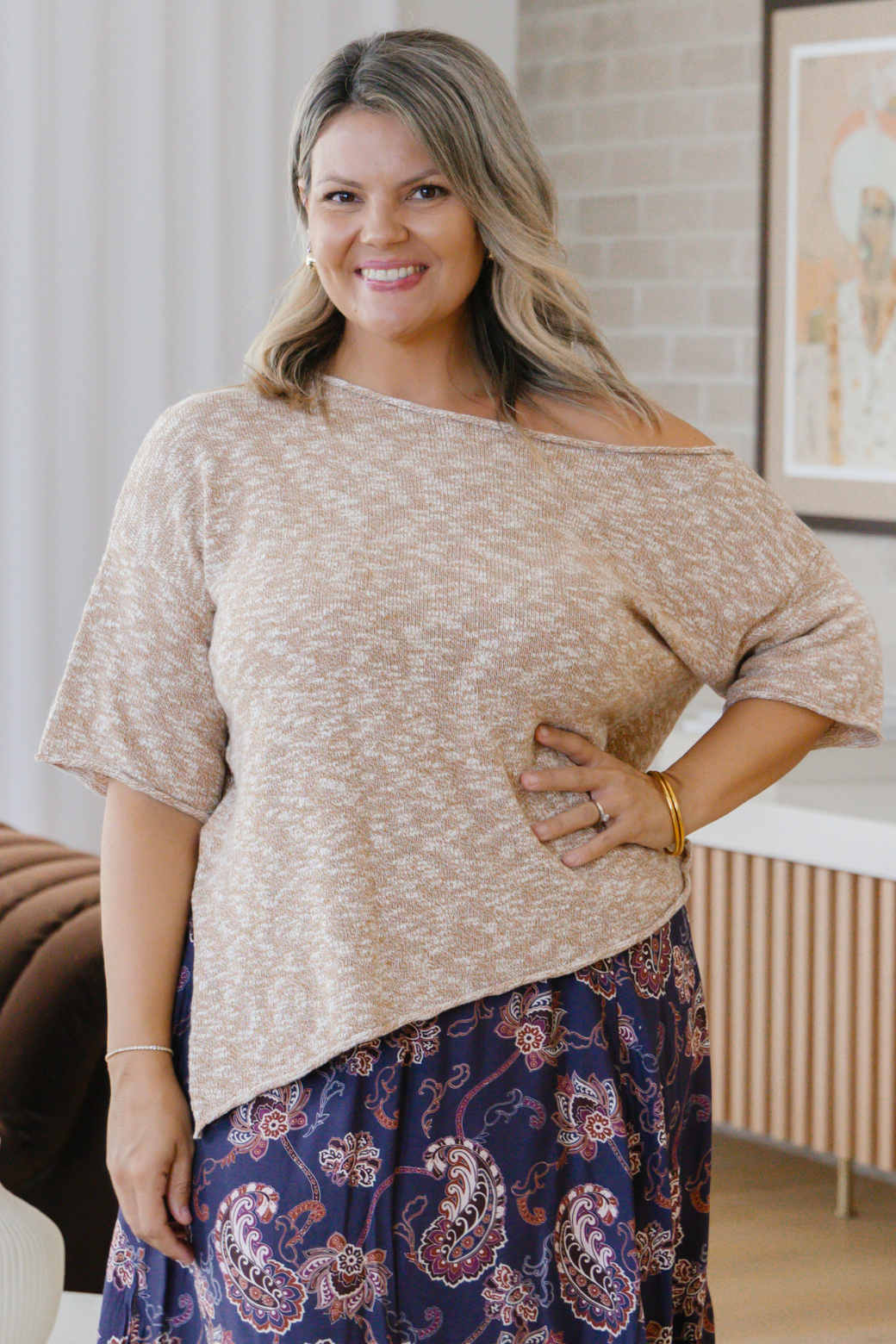 Julia Off Shoulder Knit Top Natural Melange