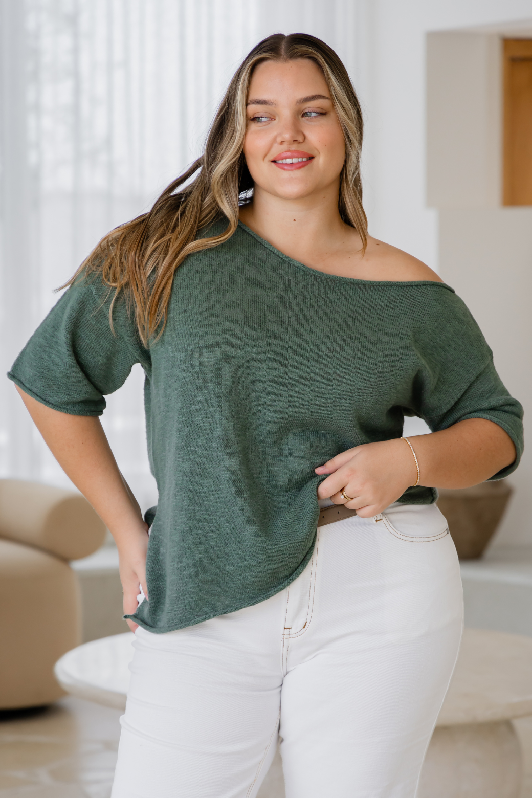 Julia Off Shoulder Knit Top  Sage