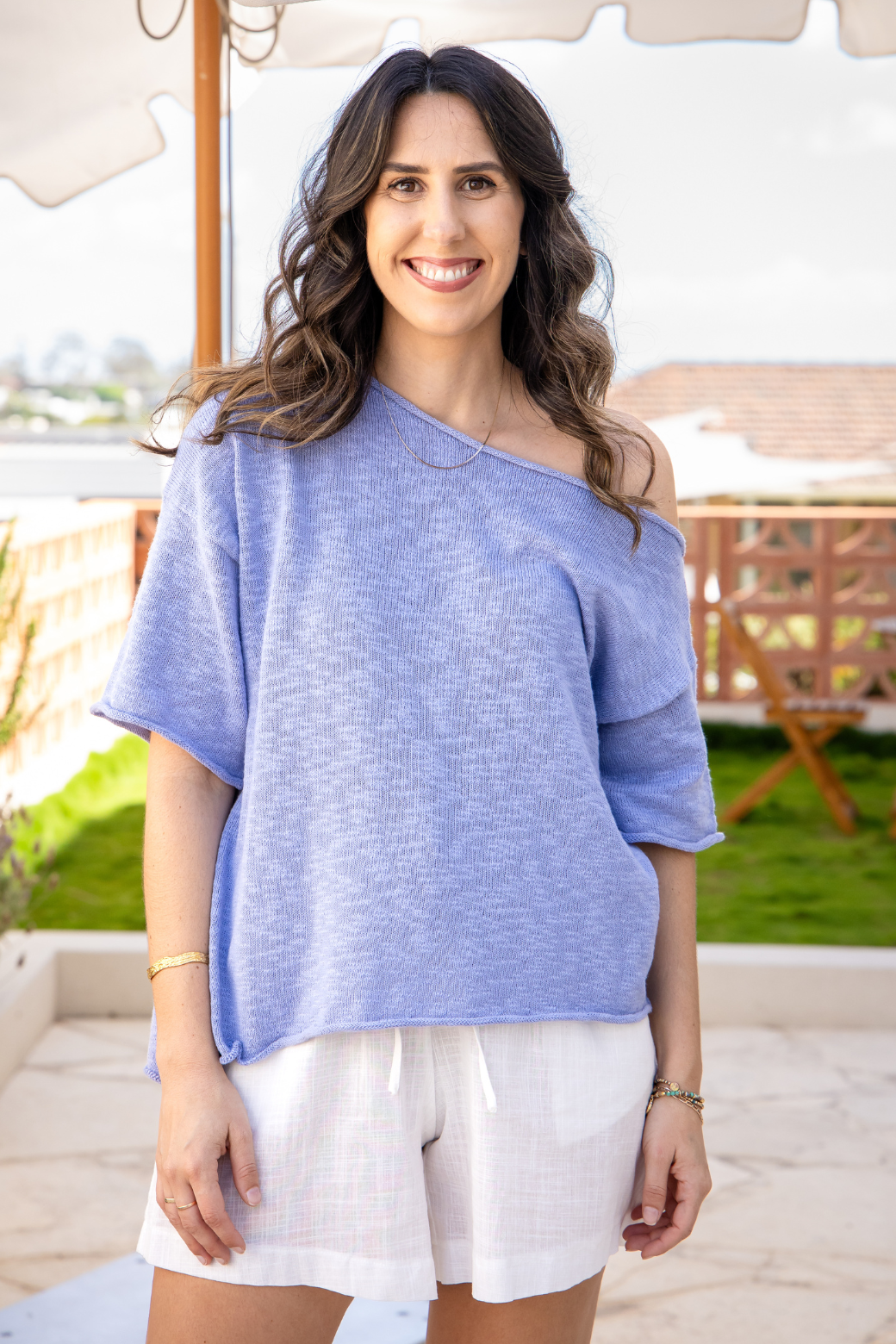 Julia Off Shoulder Knit Top Blue
