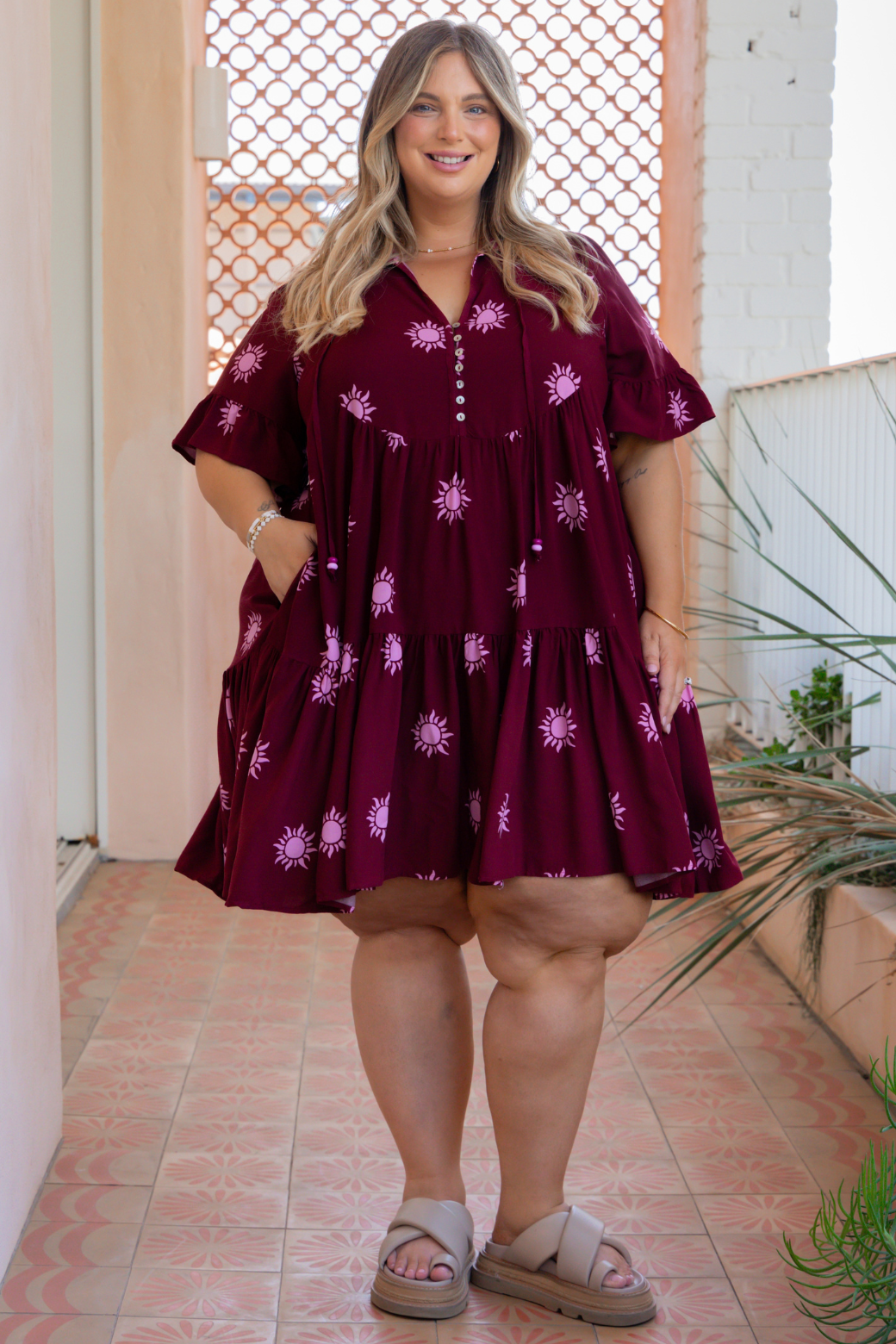 Kristy Dress Sun Print Burgundy