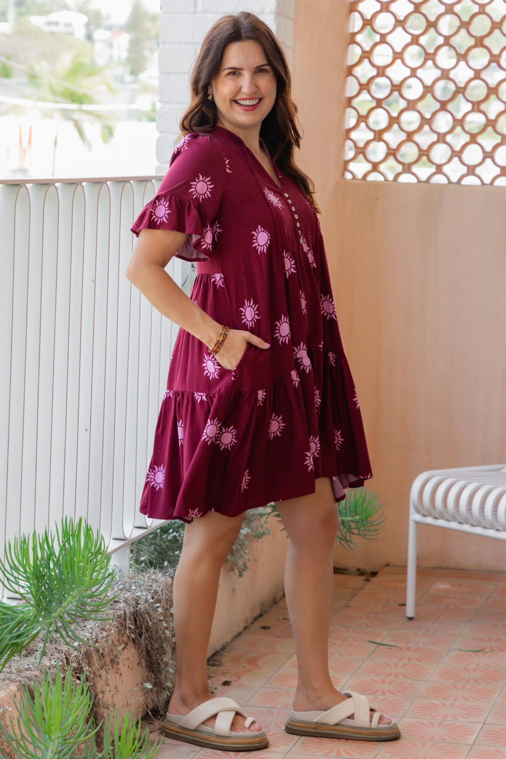 Kristy Dress Sun Print Burgundy