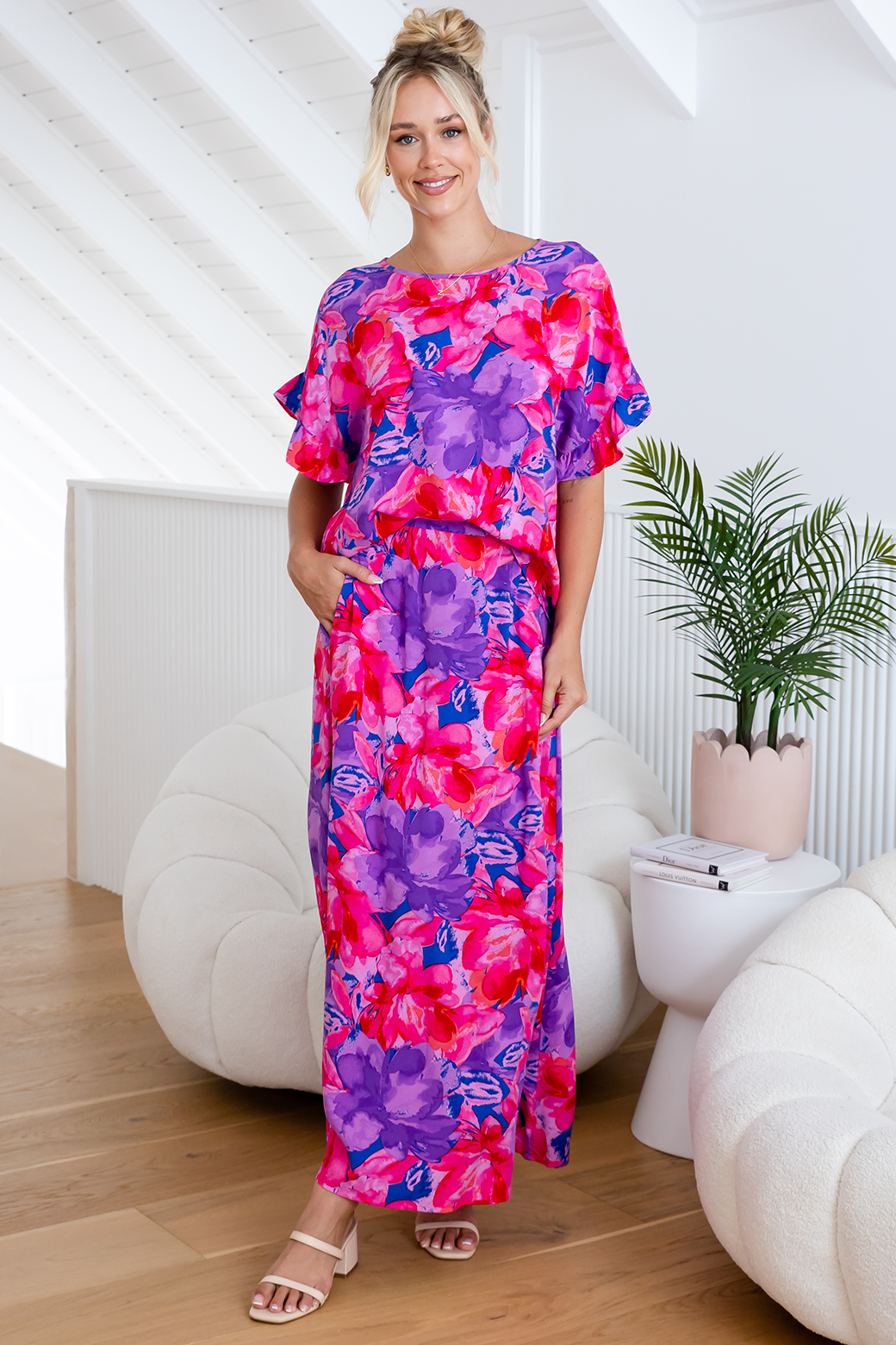 Final Sale | Kyla Maxi Skirt Camellia Print Purple