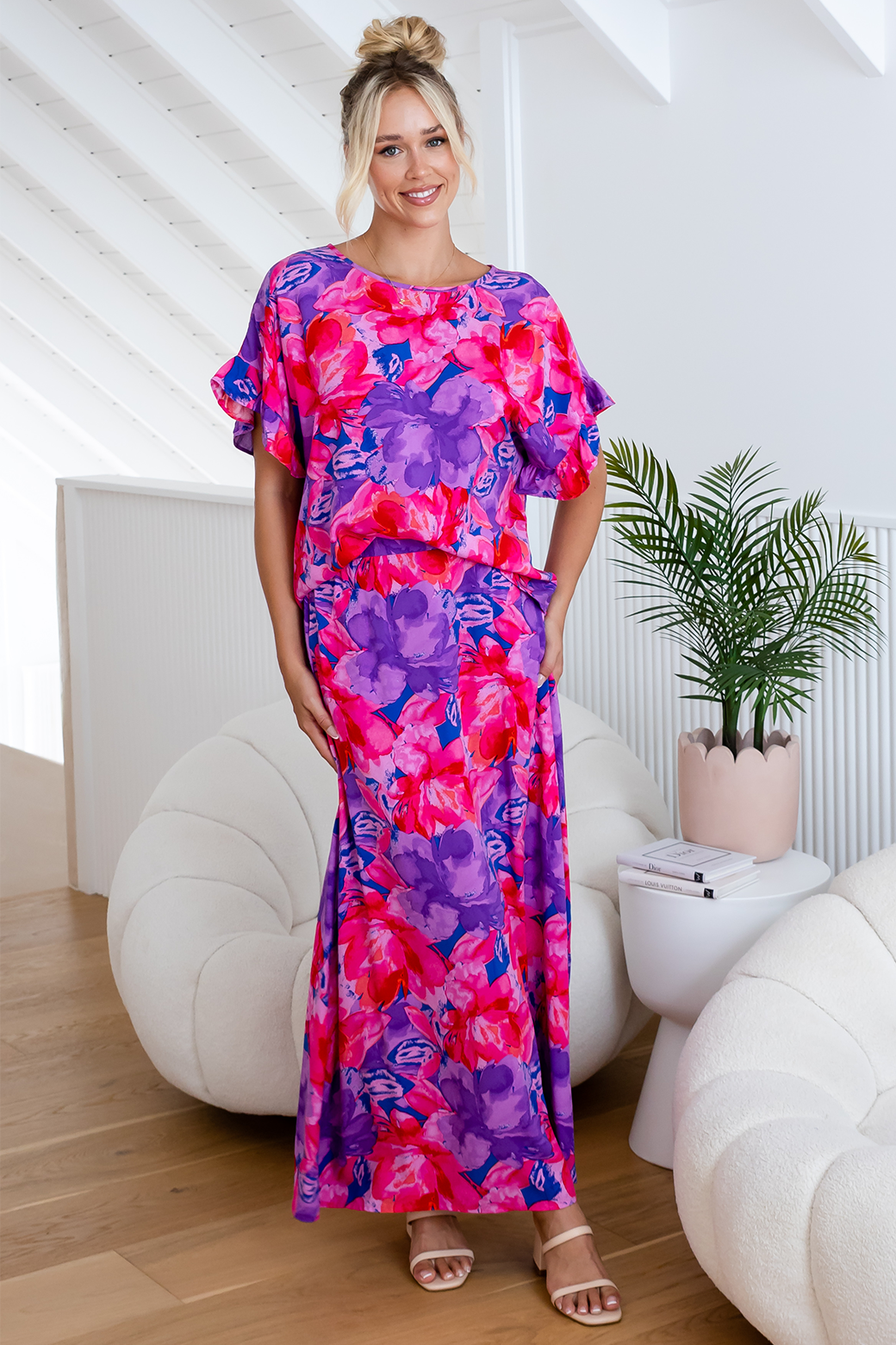 Final Sale | Kyla Maxi Skirt Camellia Print Purple