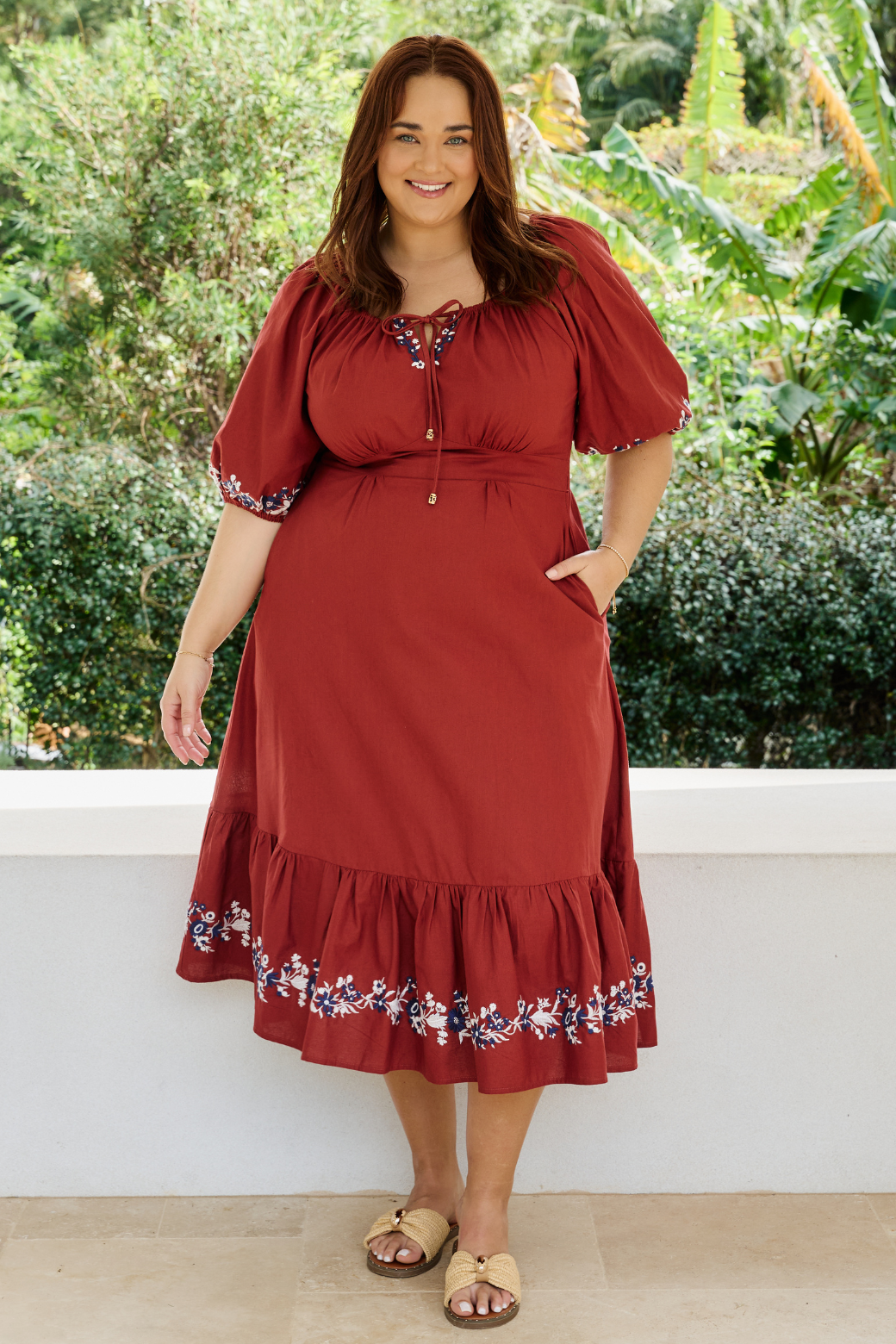 Kylie Embroidered Midi Dress Rust