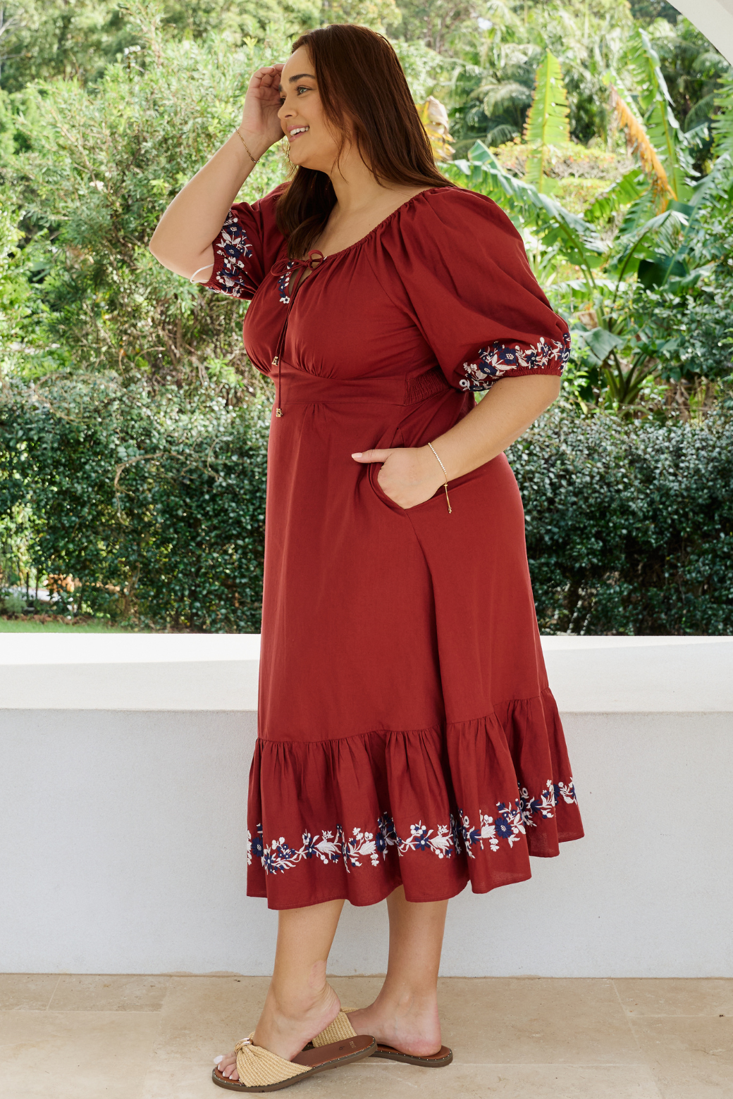 Kylie Embroidered Midi Dress Rust