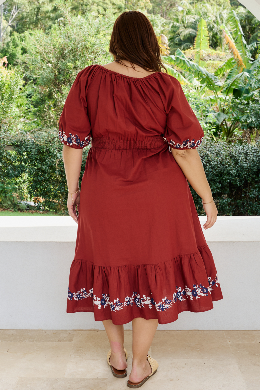 Kylie Embroidered Midi Dress Rust