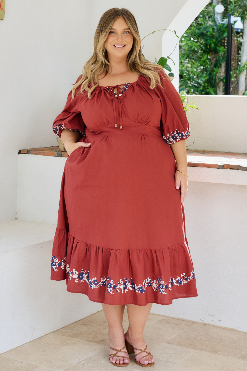 Kylie Embroidered Midi Dress Rust