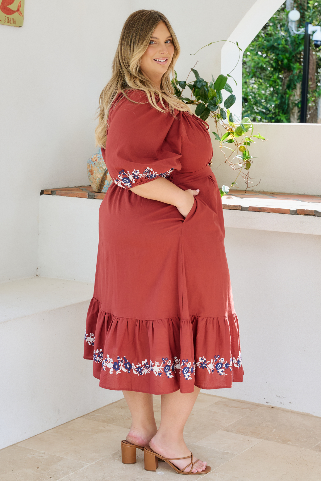 Kylie Embroidered Midi Dress Rust