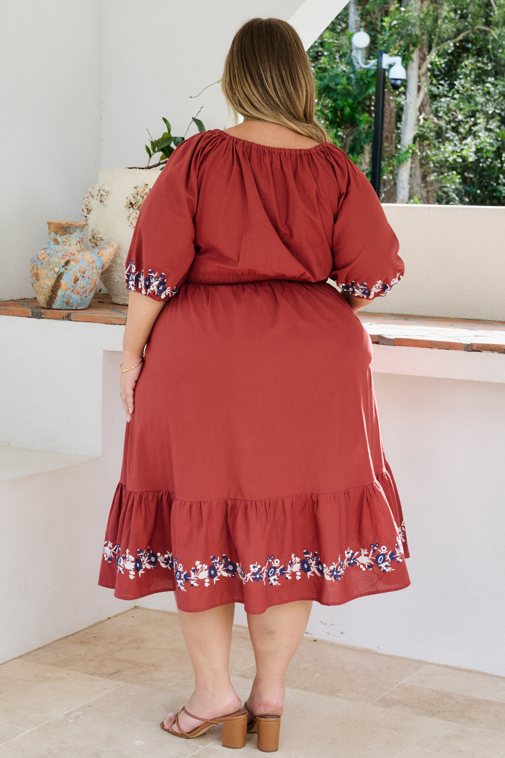 Kylie Embroidered Midi Dress Rust