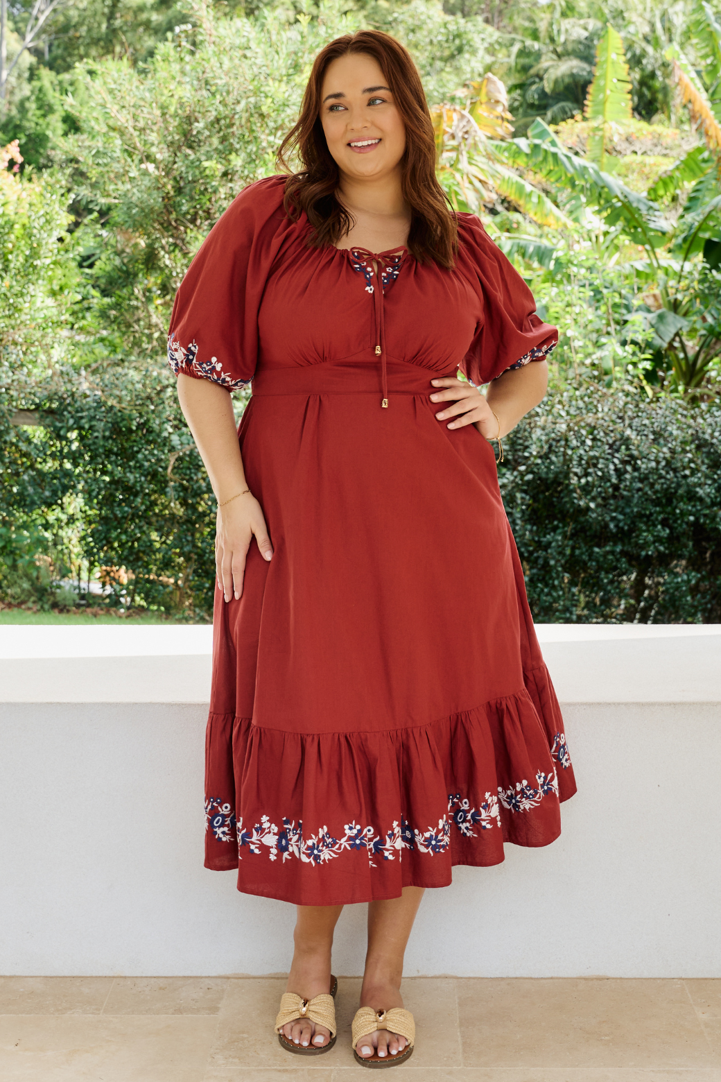 Kylie Embroidered Midi Dress Rust