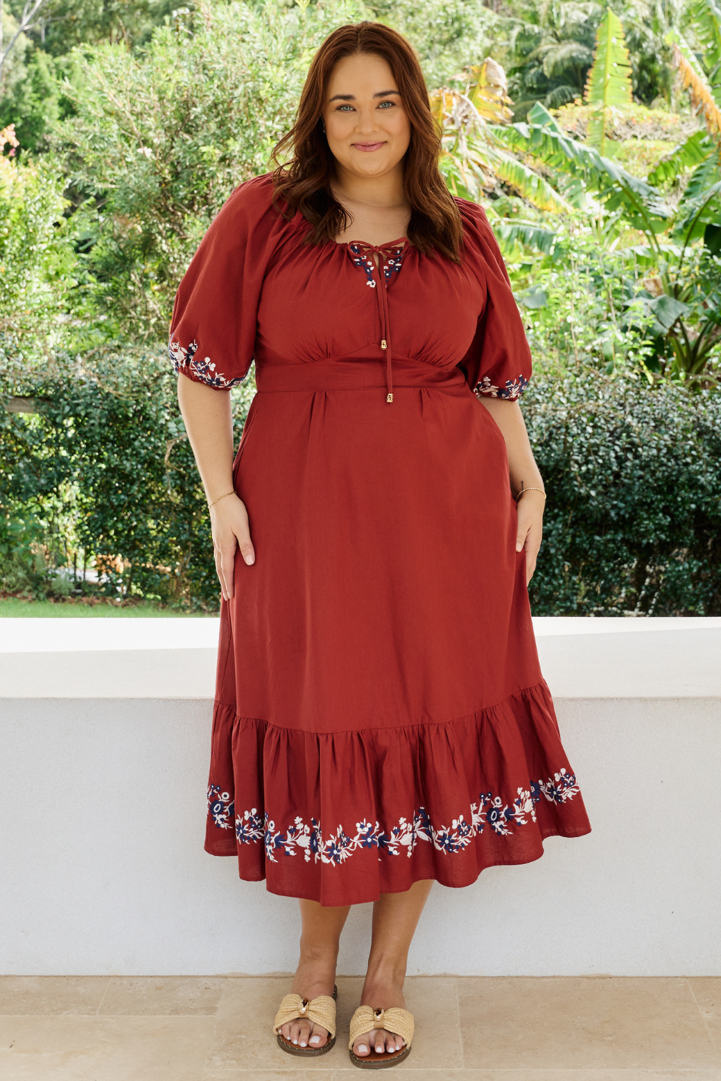 Kylie Embroidered Midi Dress Rust