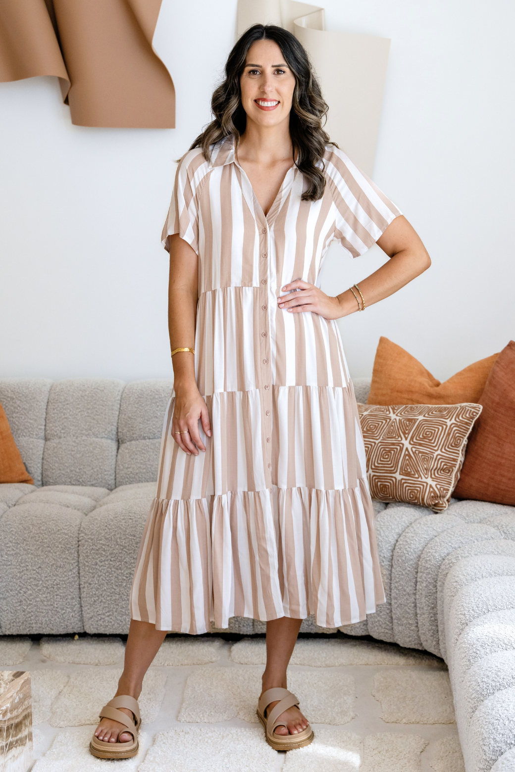Maeve Midi Dress Latte Stripe