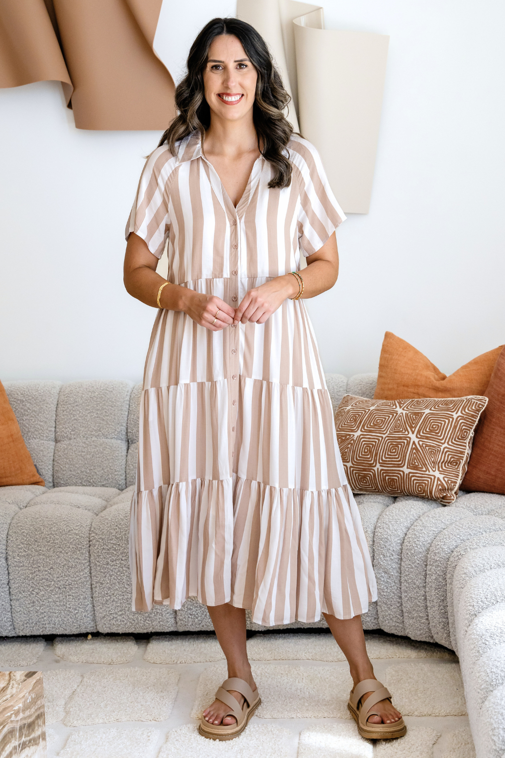 Maeve Midi Dress Latte Stripe