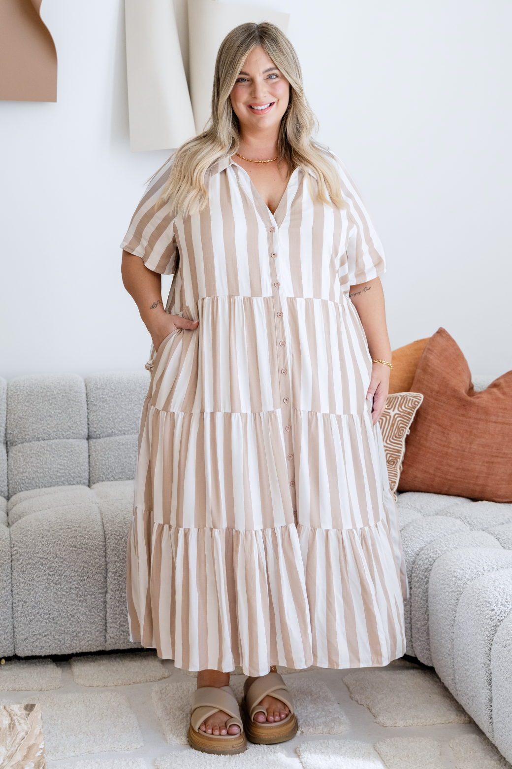 Maeve Midi Dress Latte Stripe