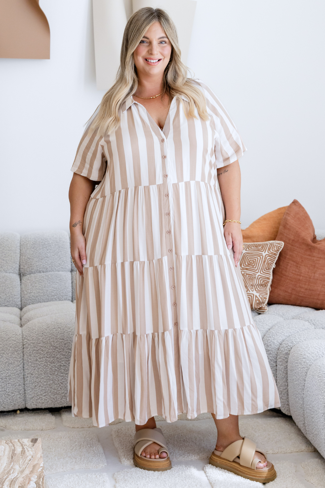 Maeve Midi Dress Latte Stripe