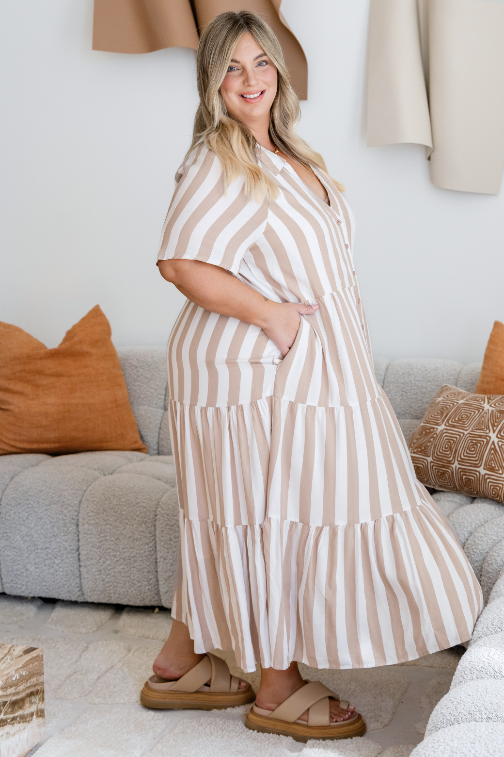 Maeve Midi Dress Latte Stripe