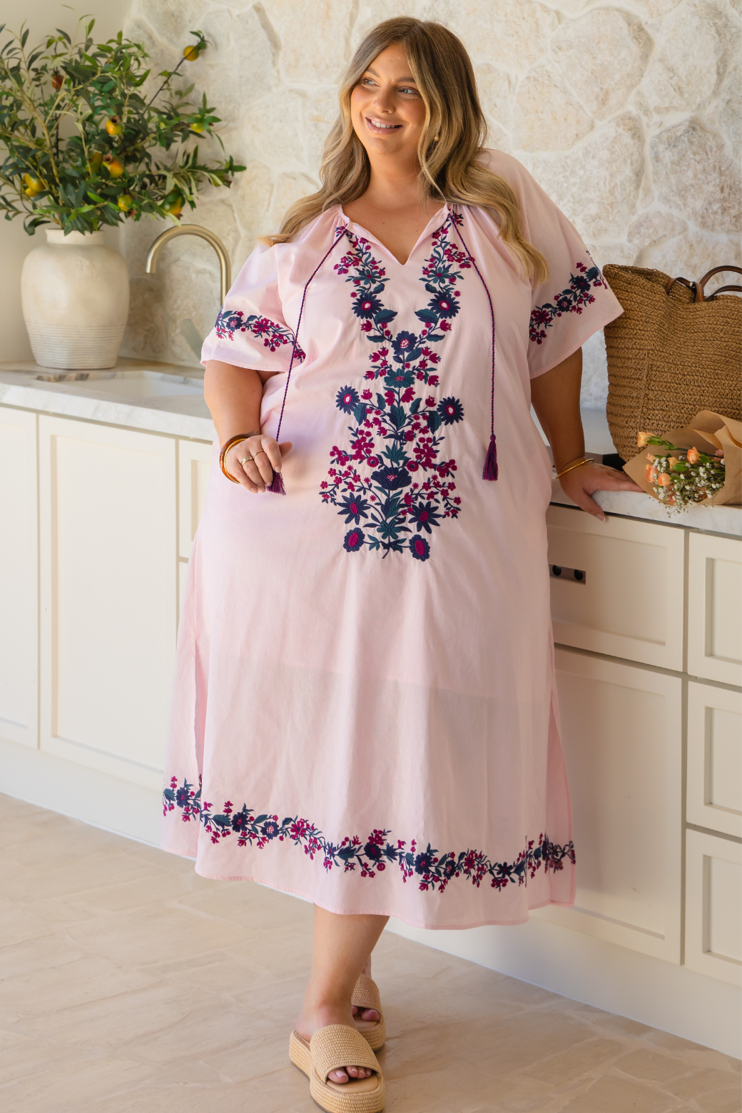 Maisy Embroidered Midi Dress Pink