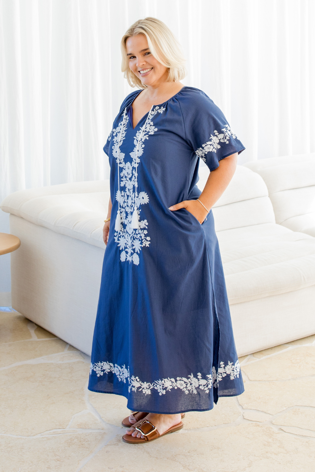 Maisy Embroidered Midi Dress Indigo