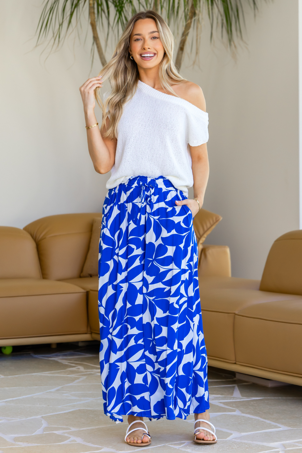 Maree Wide Leg Pant Charlize Print Blue White