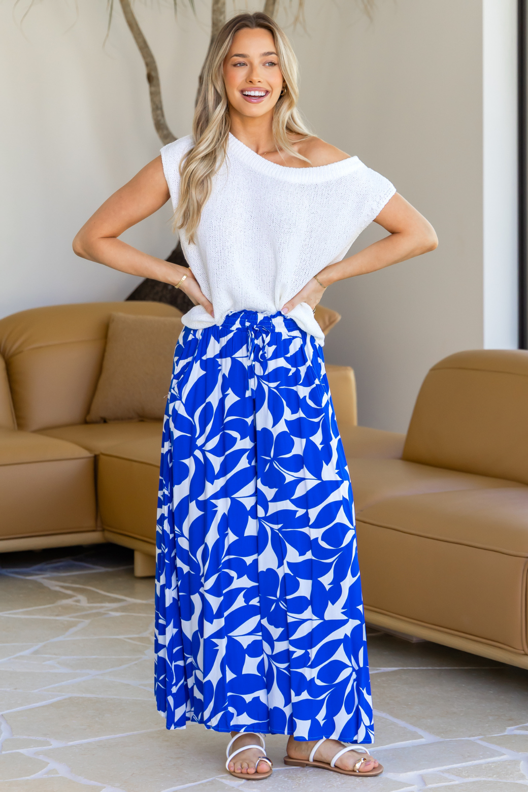 Maree Wide Leg Pant Charlize Print Blue White