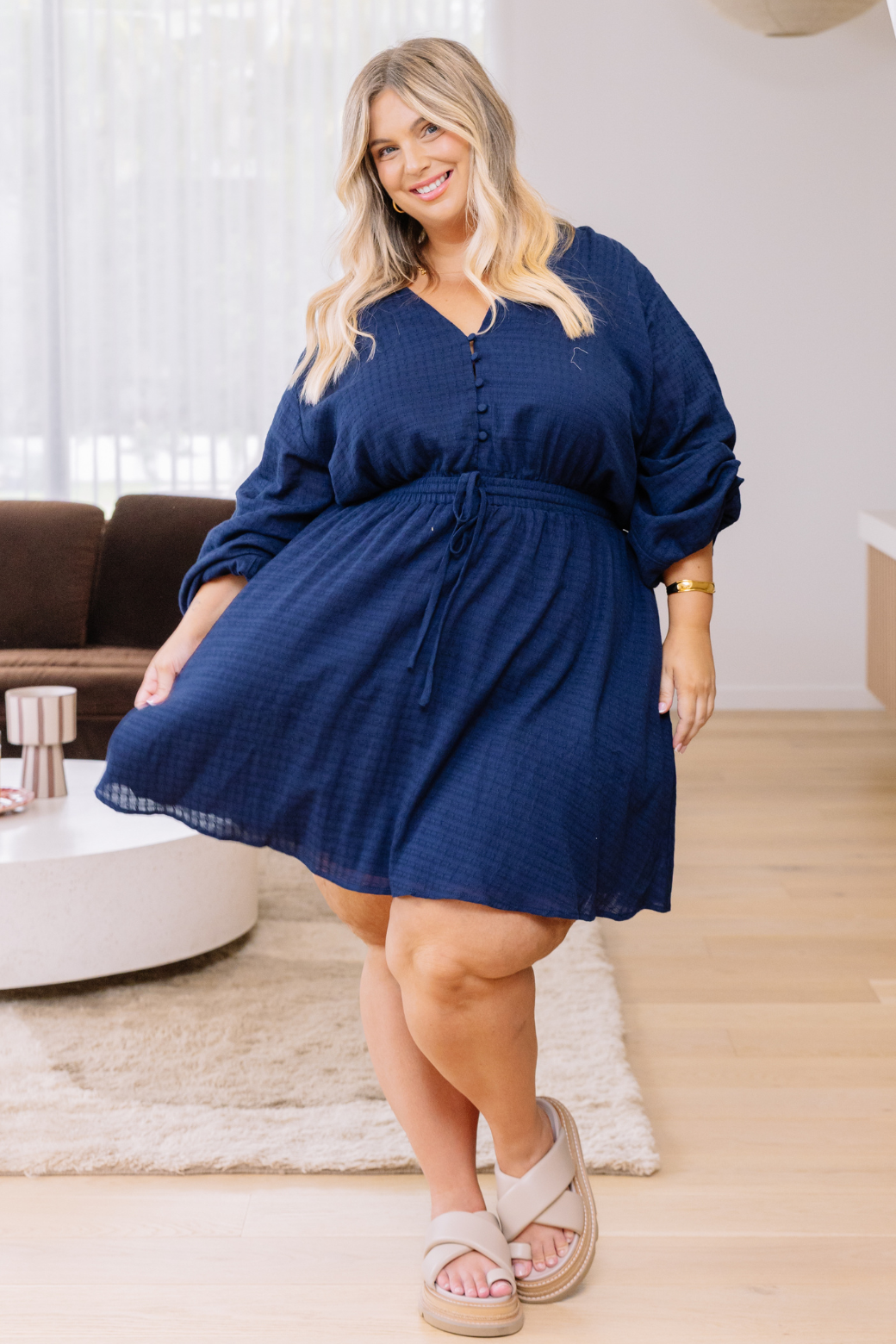 Mia Long Sleeve Elastic Waist Mini Dress Navy