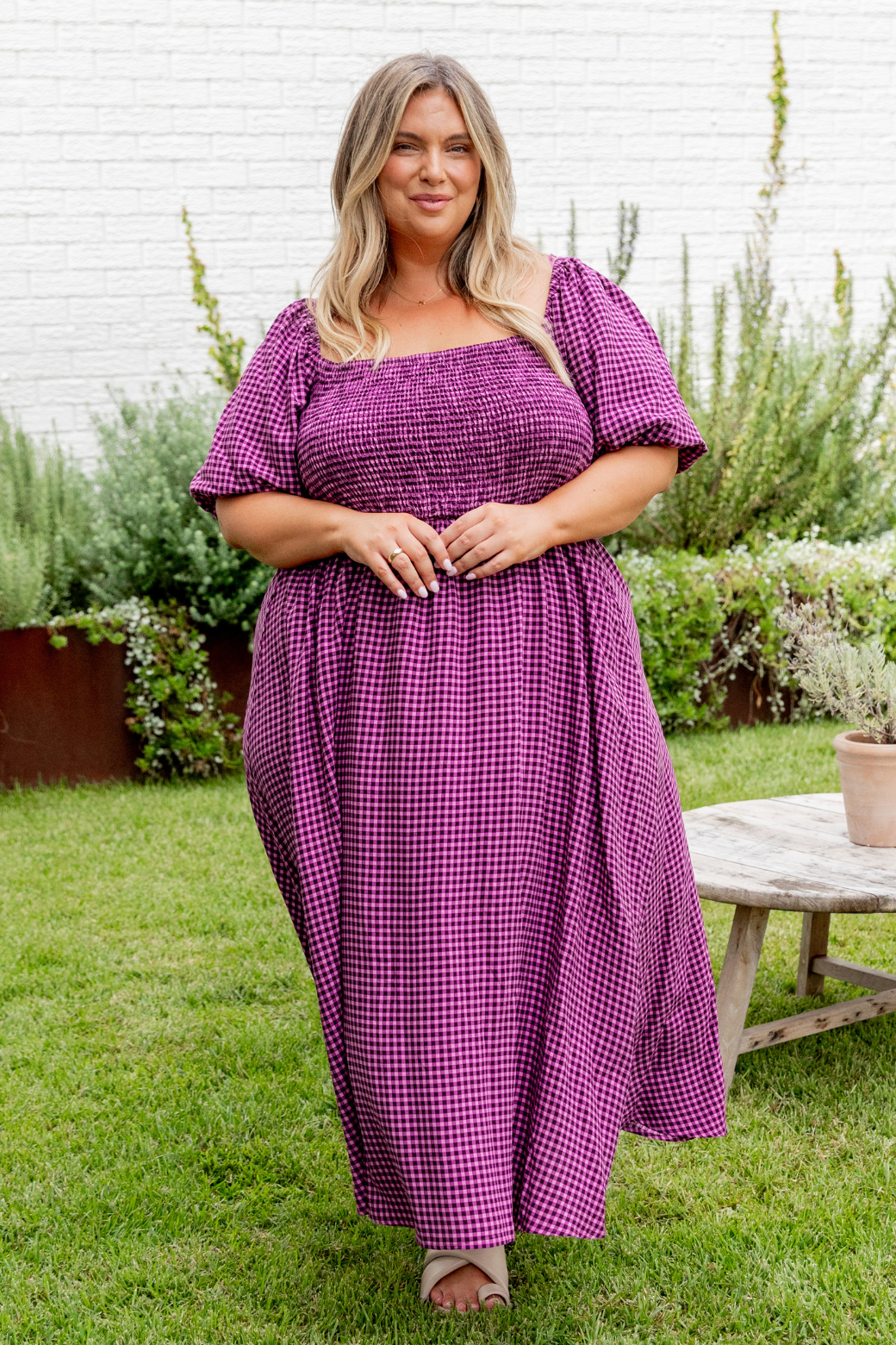 Olivia Midi Dress Plum Gingham