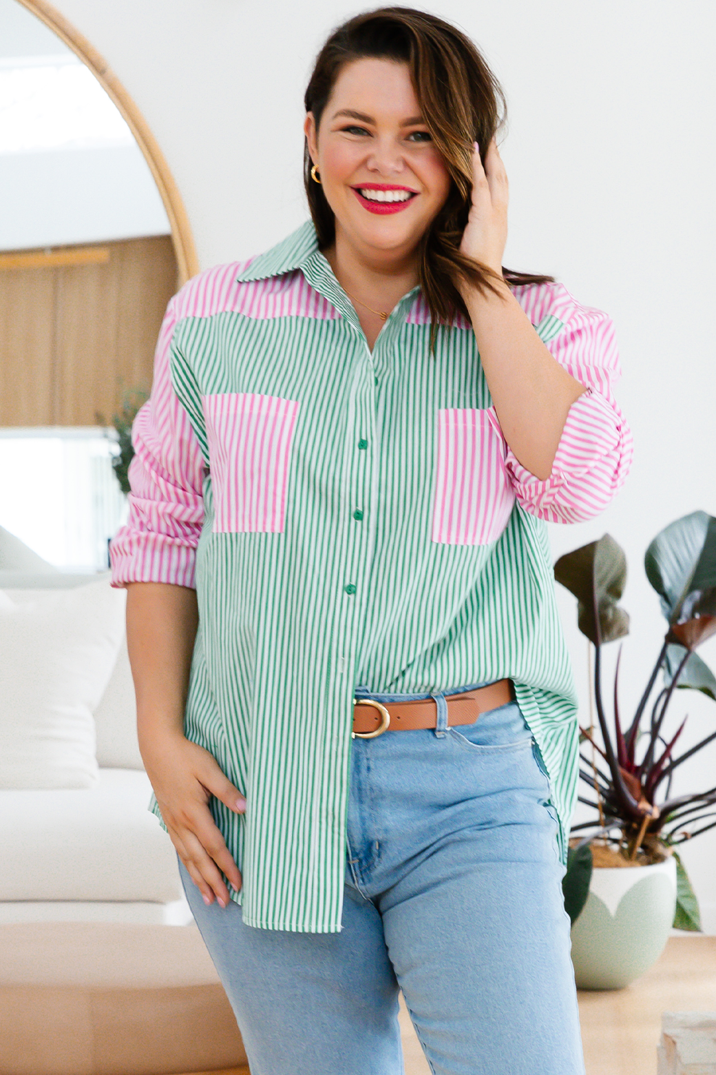 Perry Blouse Green/Pink Stripe