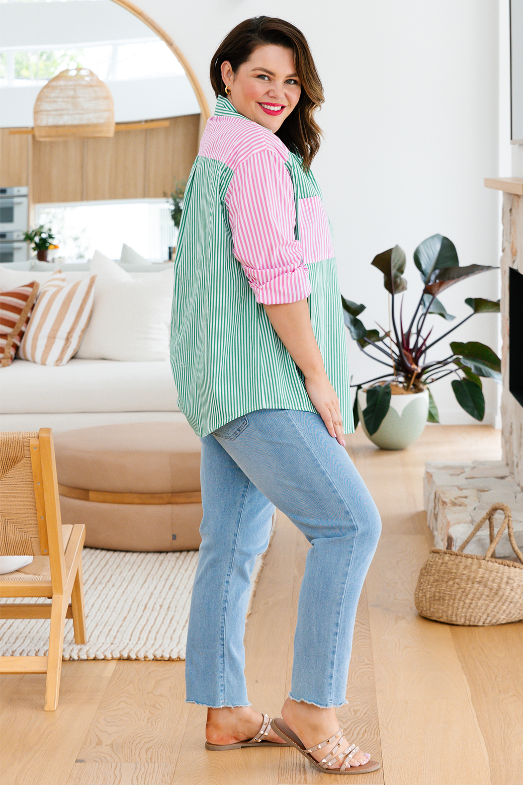 Perry Blouse Green/Pink Stripe
