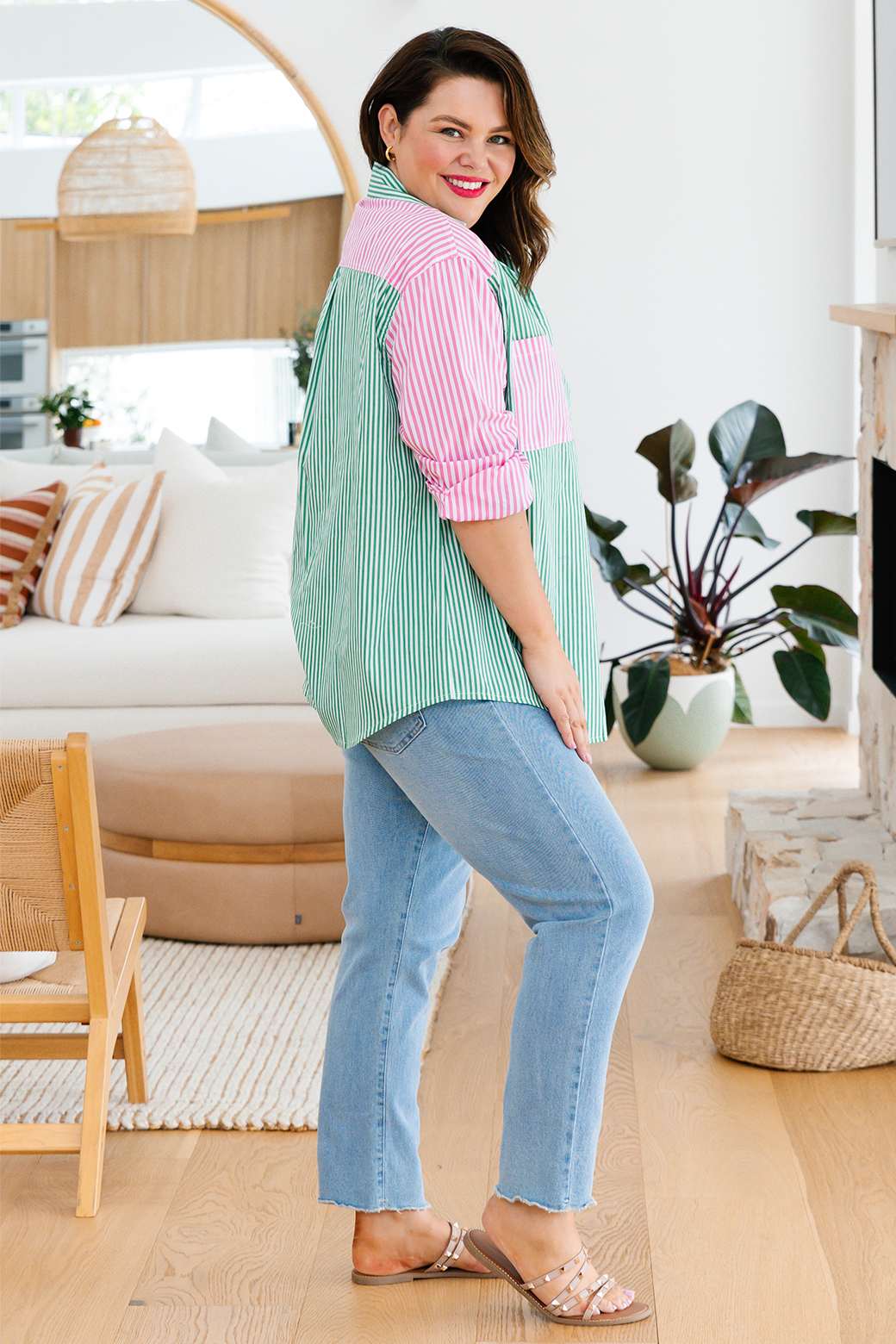 Final Sale | Perry Blouse Green/Pink Stripe