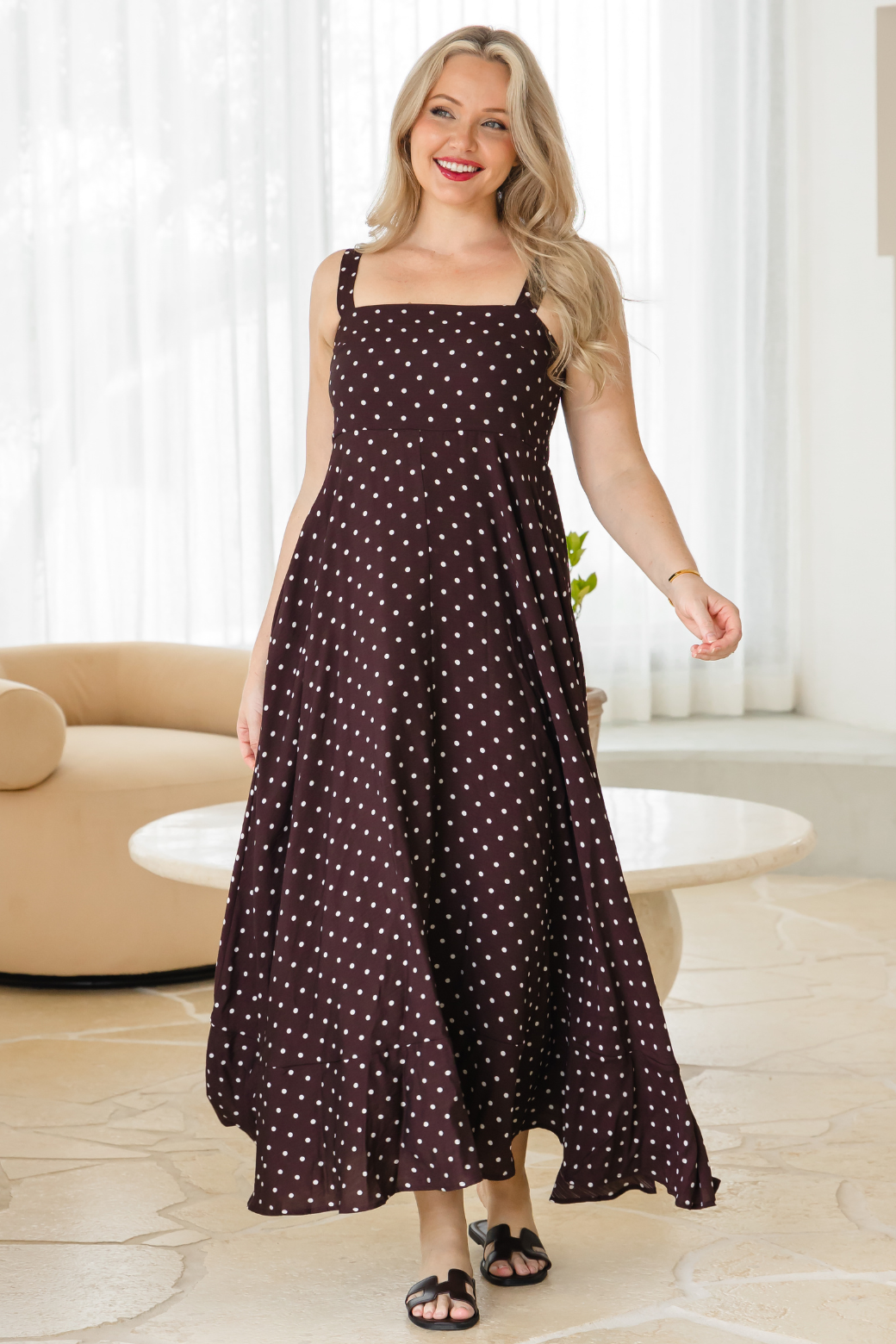 Primrose Maxi Dress Bitter Choc Mini Spot