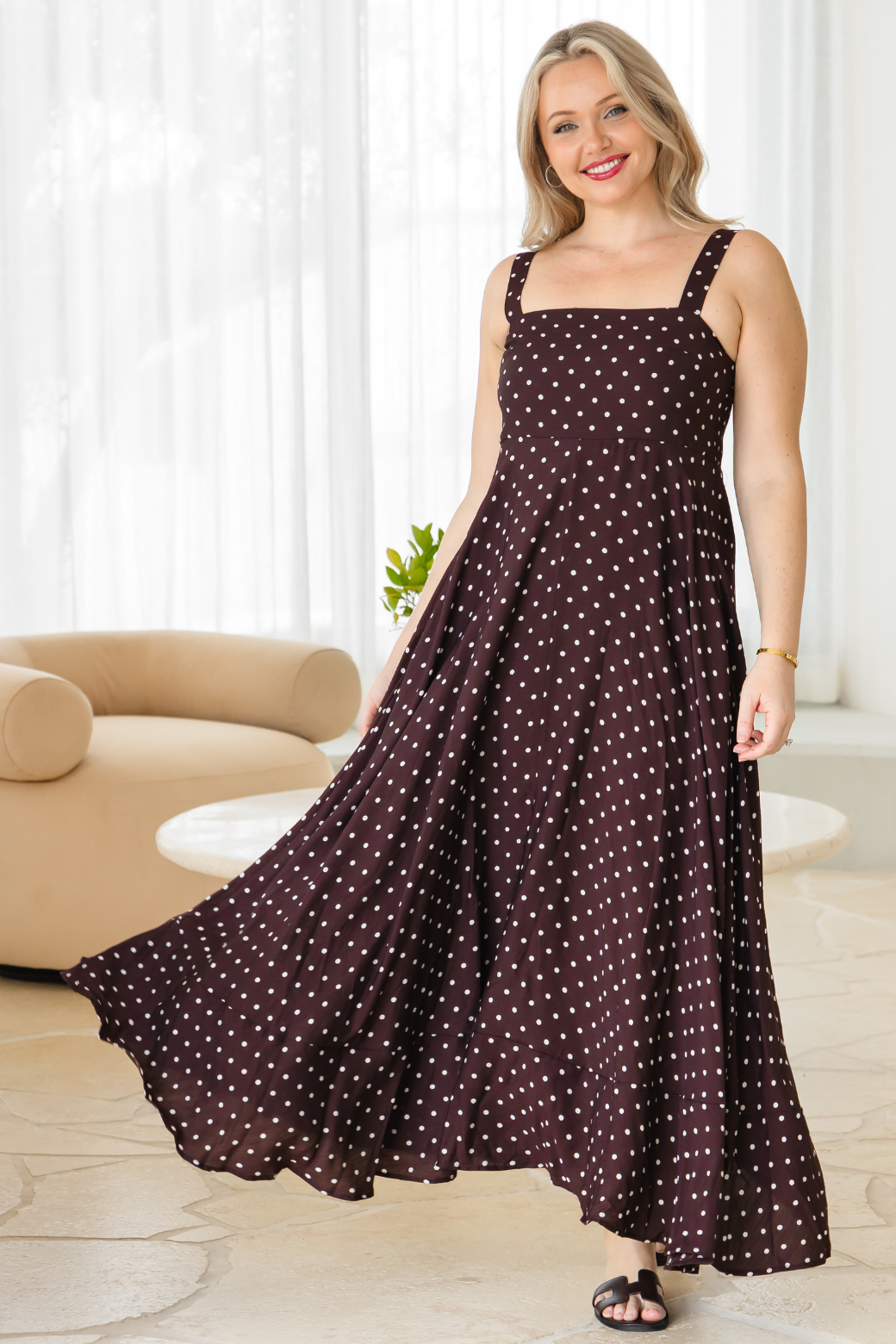 Primrose Maxi Dress Bitter Choc Mini Spot