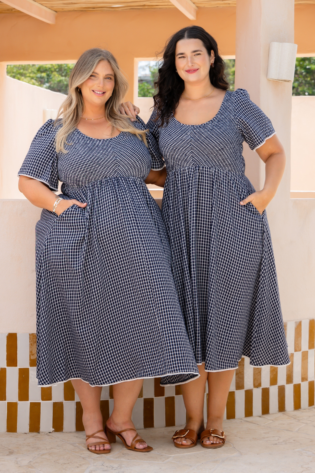 Pippa Shirred Midi Dress Navy Check