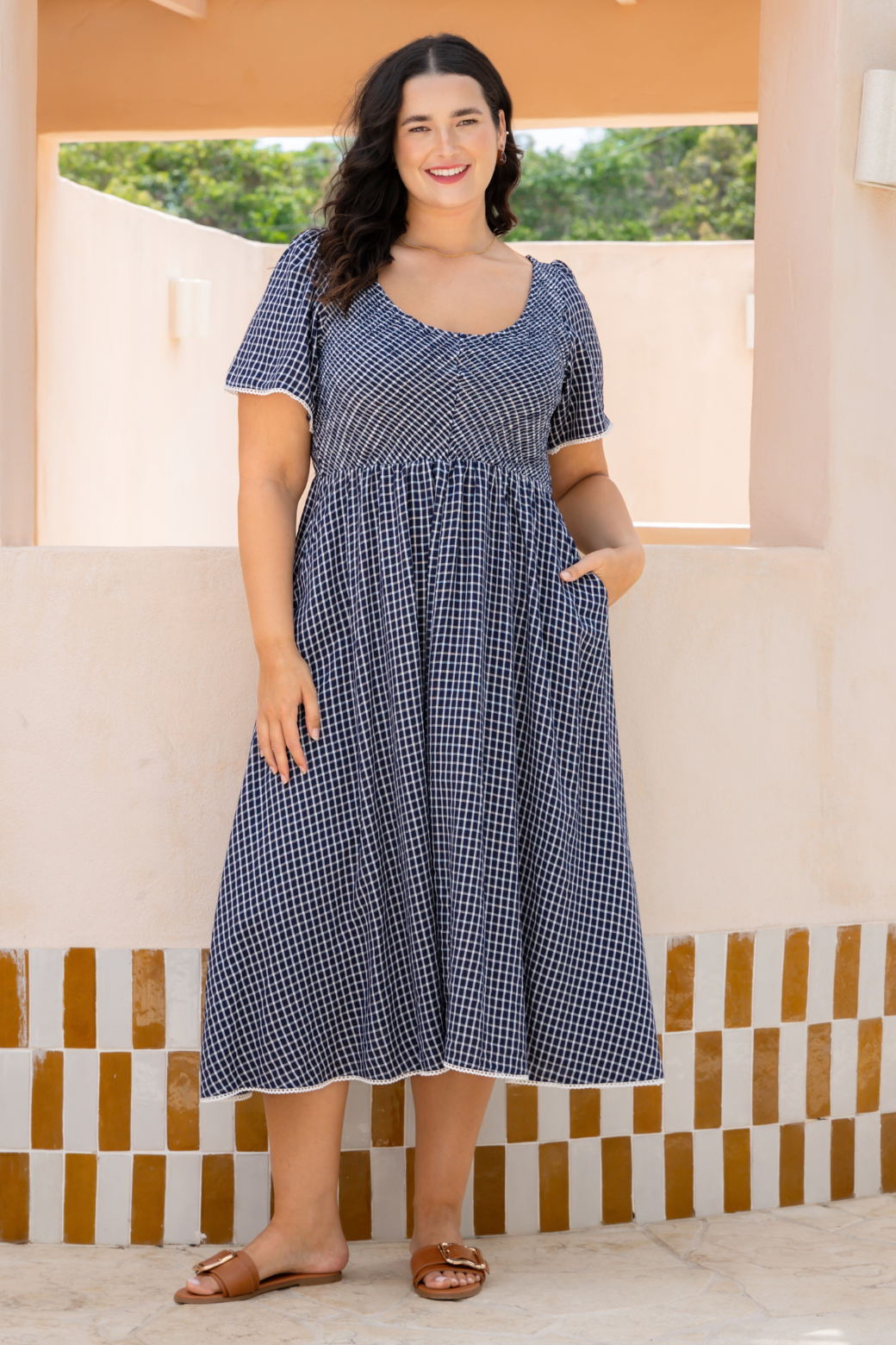 Pippa Shirred Midi Dress Navy Check