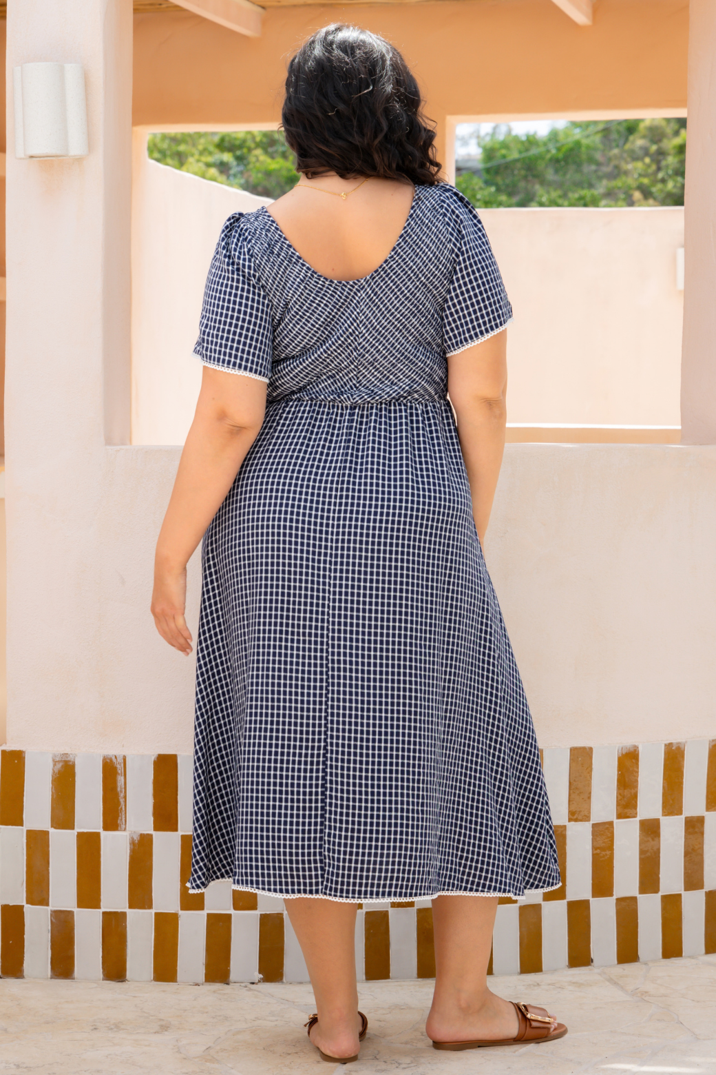 Pippa Shirred Midi Dress Navy Check