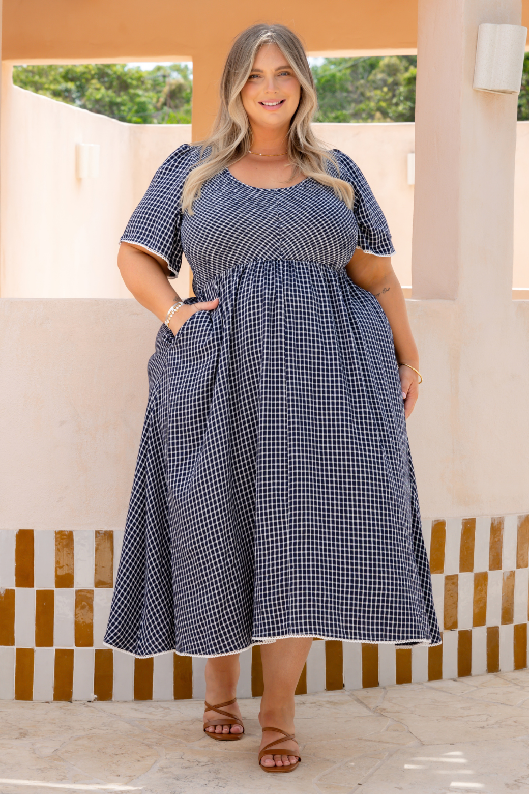 Pippa Shirred Midi Dress Navy Check