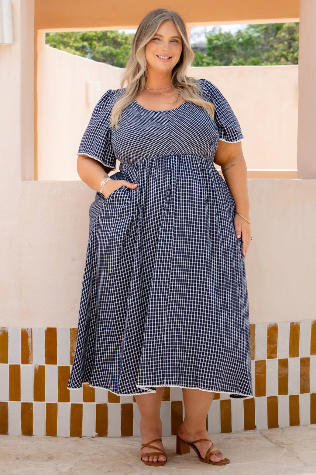 Pippa Shirred Midi Dress Navy Check