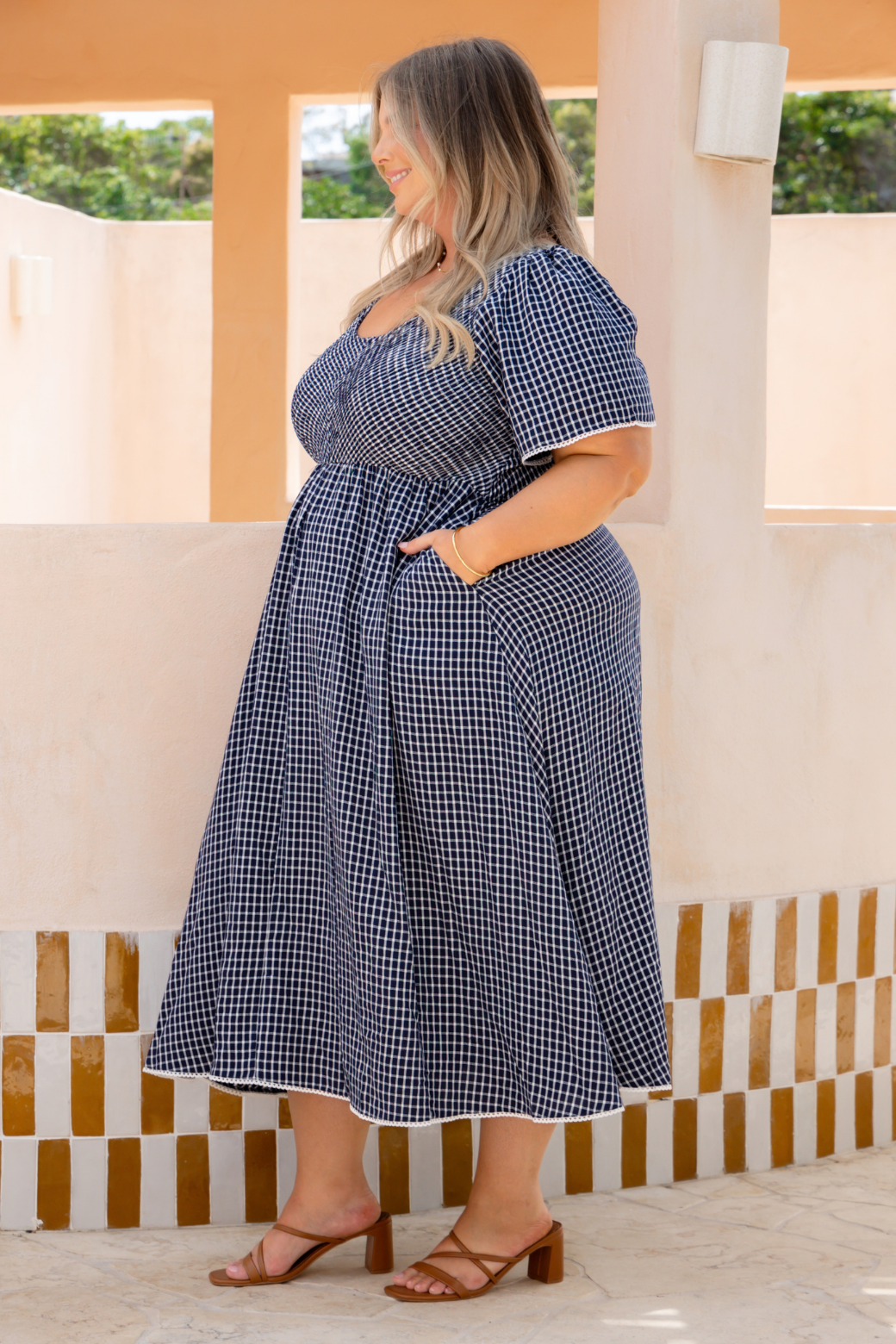 Pippa Shirred Midi Dress Navy Check