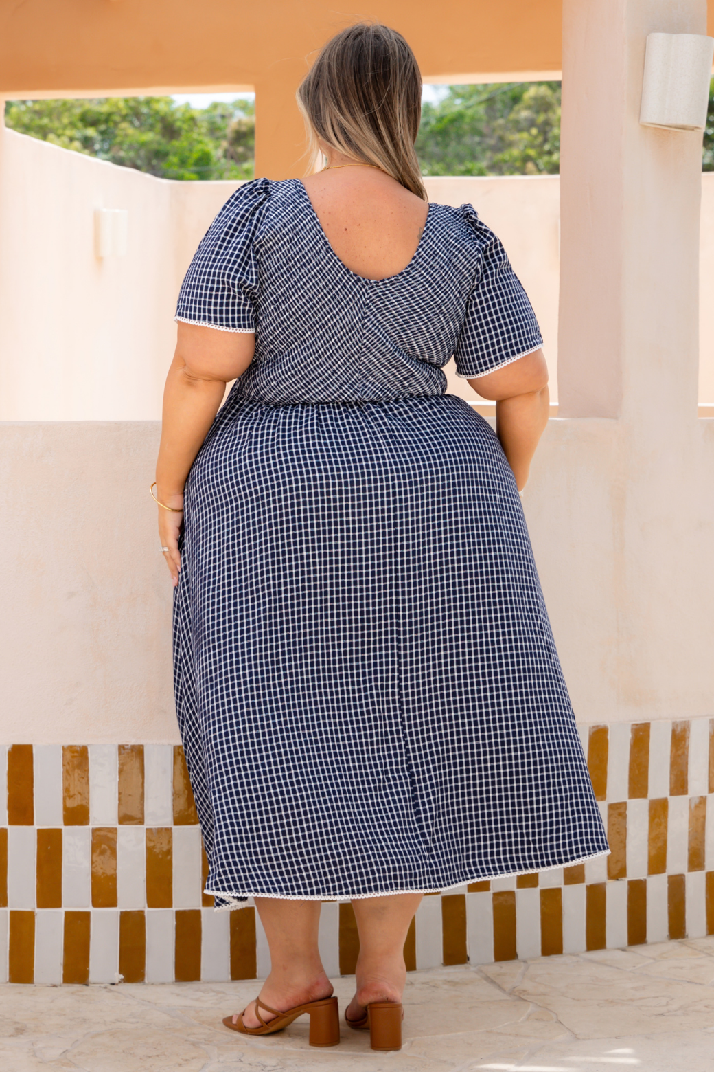 Pippa Shirred Midi Dress Navy Check