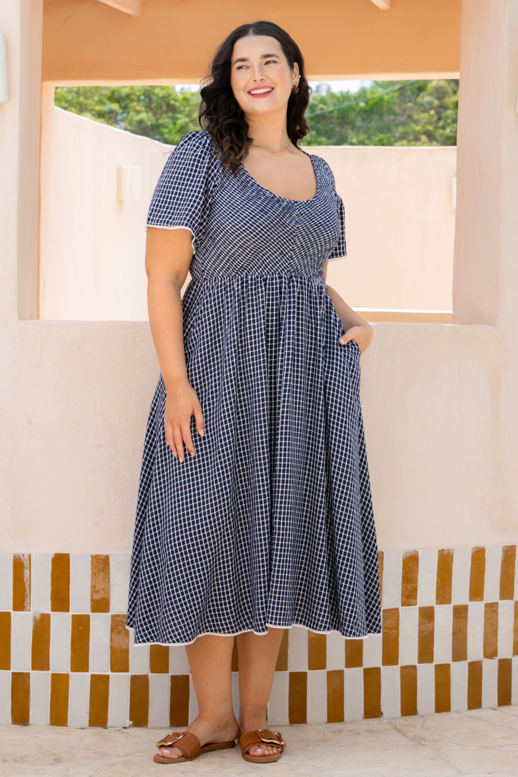 Pippa Shirred Midi Dress Navy Check
