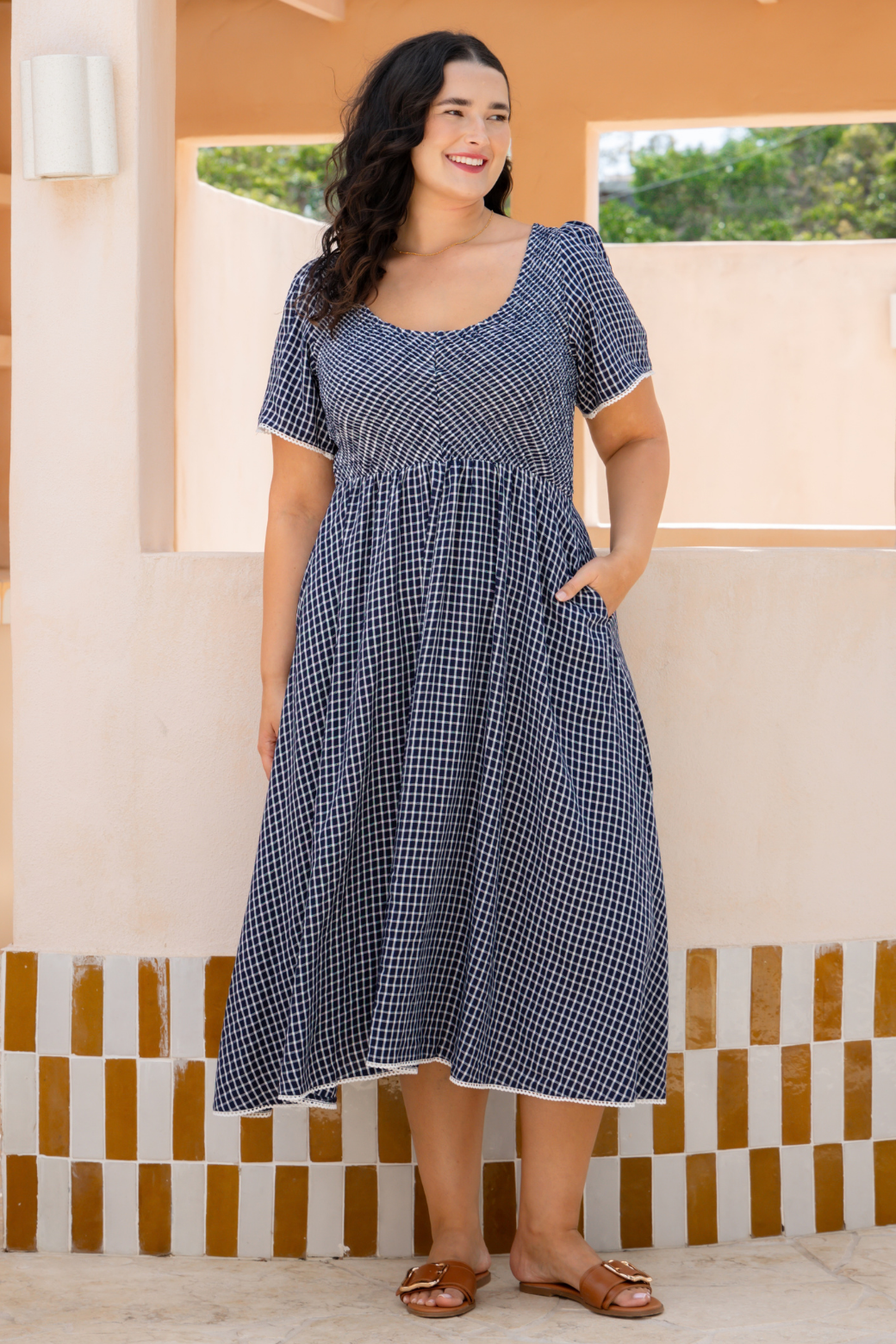 Pippa Shirred Midi Dress Navy Check