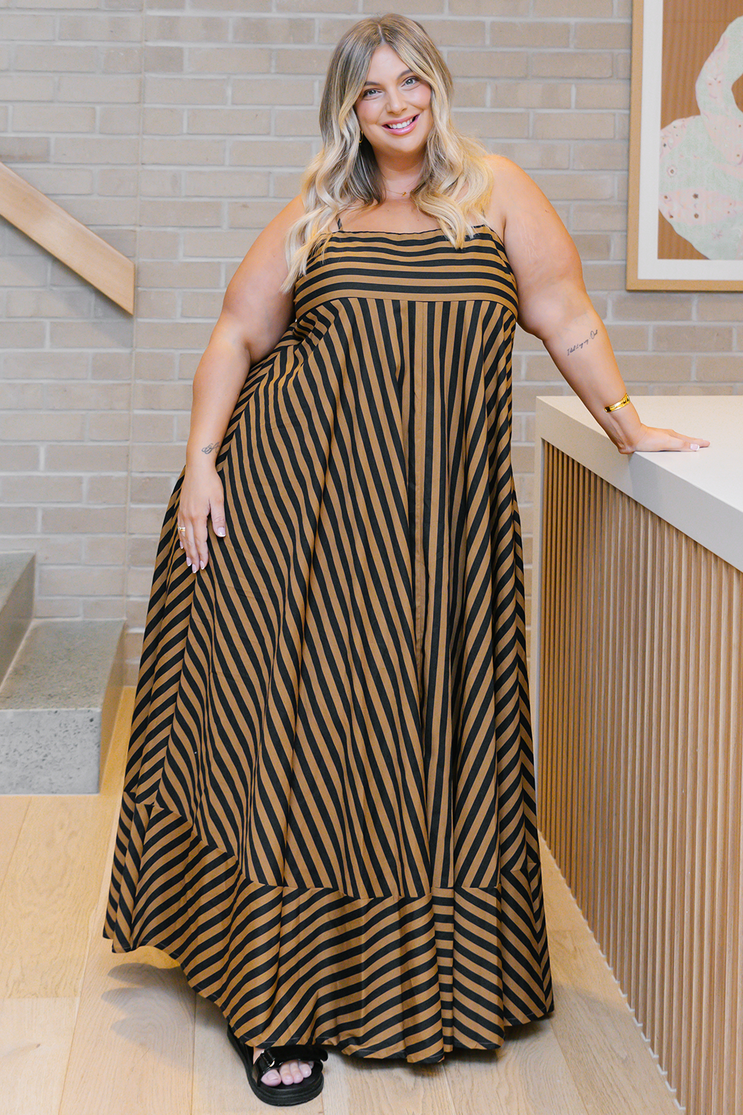 Portafino Maxi Dress Black Tan Stripe