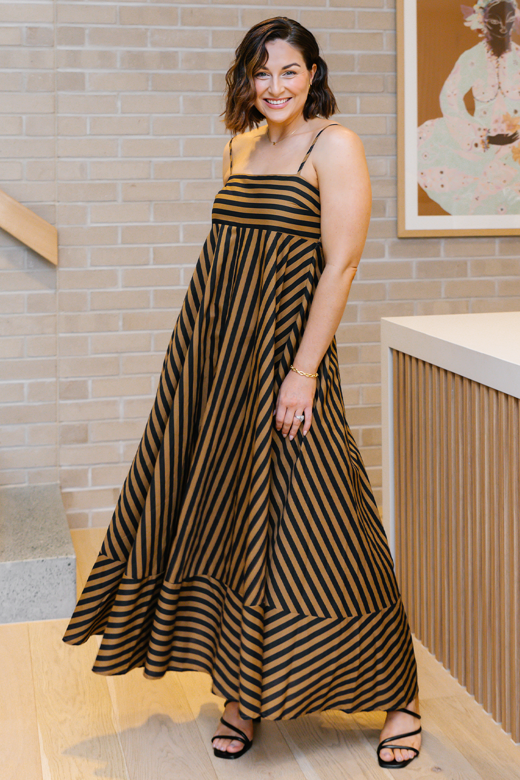 Portafino Maxi Dress Black Tan Stripe