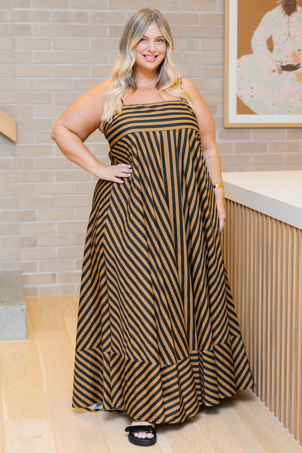 Portafino Maxi Dress Black Tan Stripe
