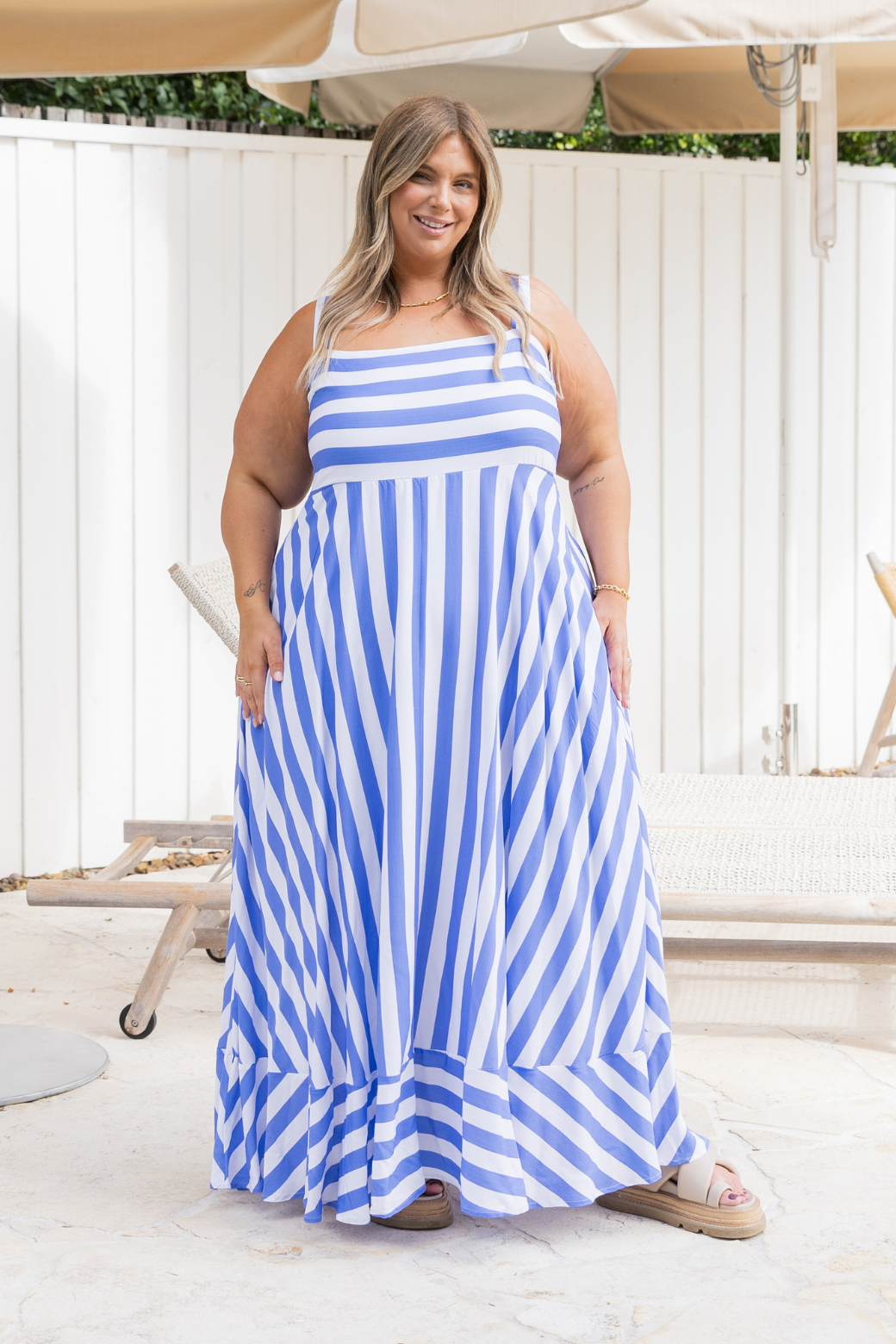 plus size flowy dress Final Sale Off The Shoulder Tiered Maxi in Mustard 3/4 Sleeves Dress Length Blue And White Striped Dress