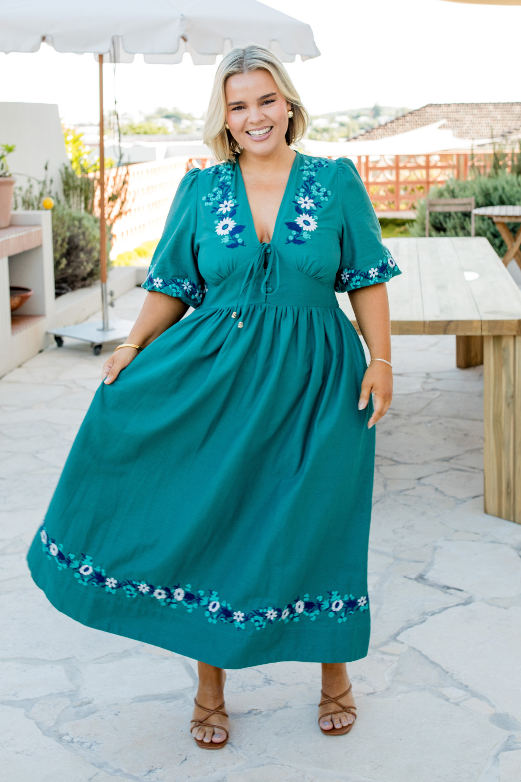 Quinn Embroidered Midi Dress Deep Sage