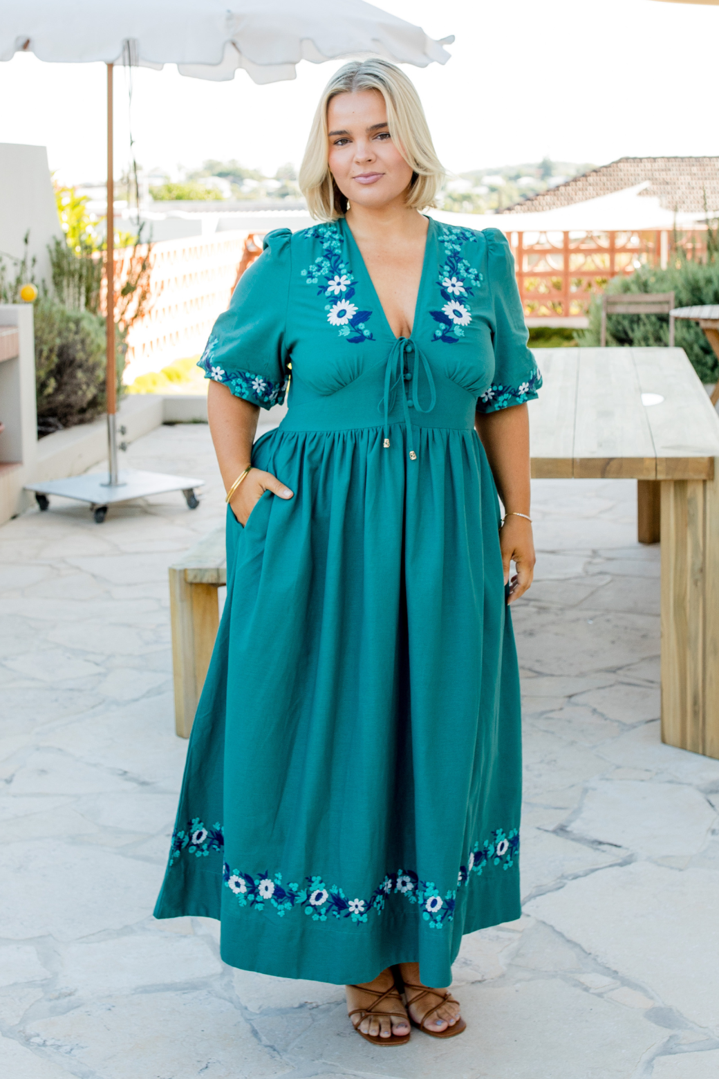 Quinn Embroidered Midi Dress Deep Sage