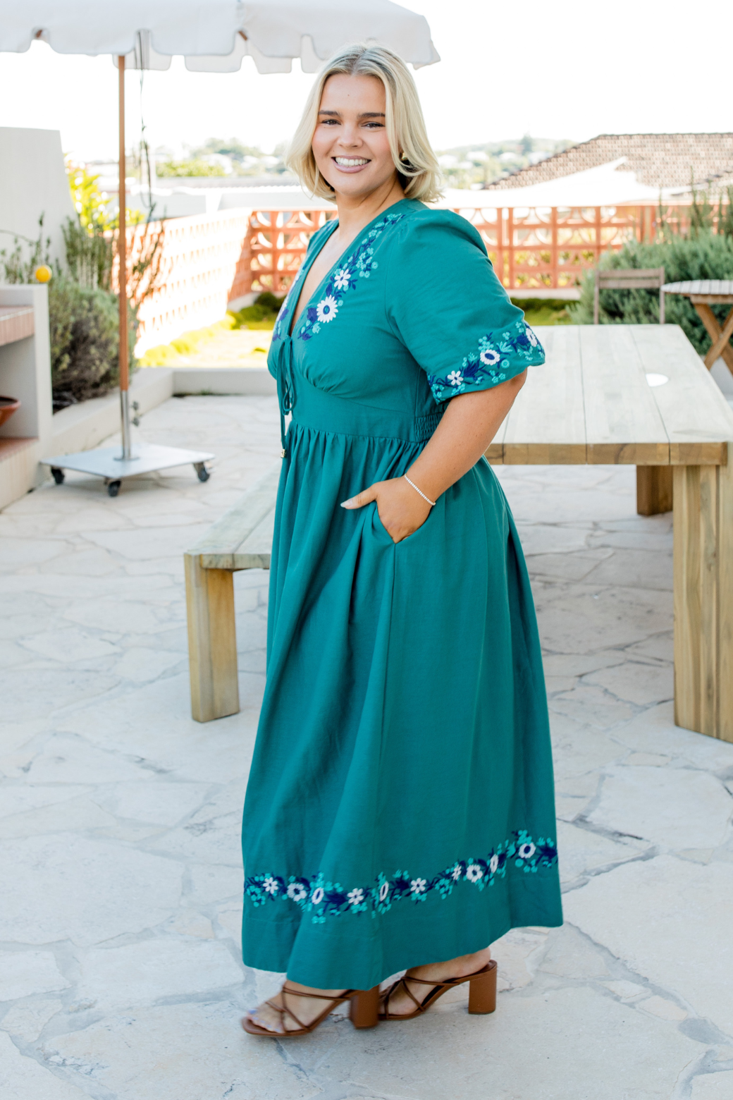 Quinn Embroidered Midi Dress Deep Sage