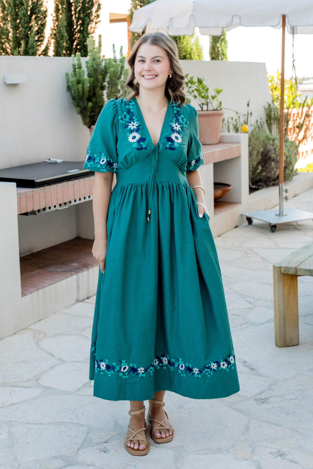 Quinn Embroidered Midi Dress Deep Sage