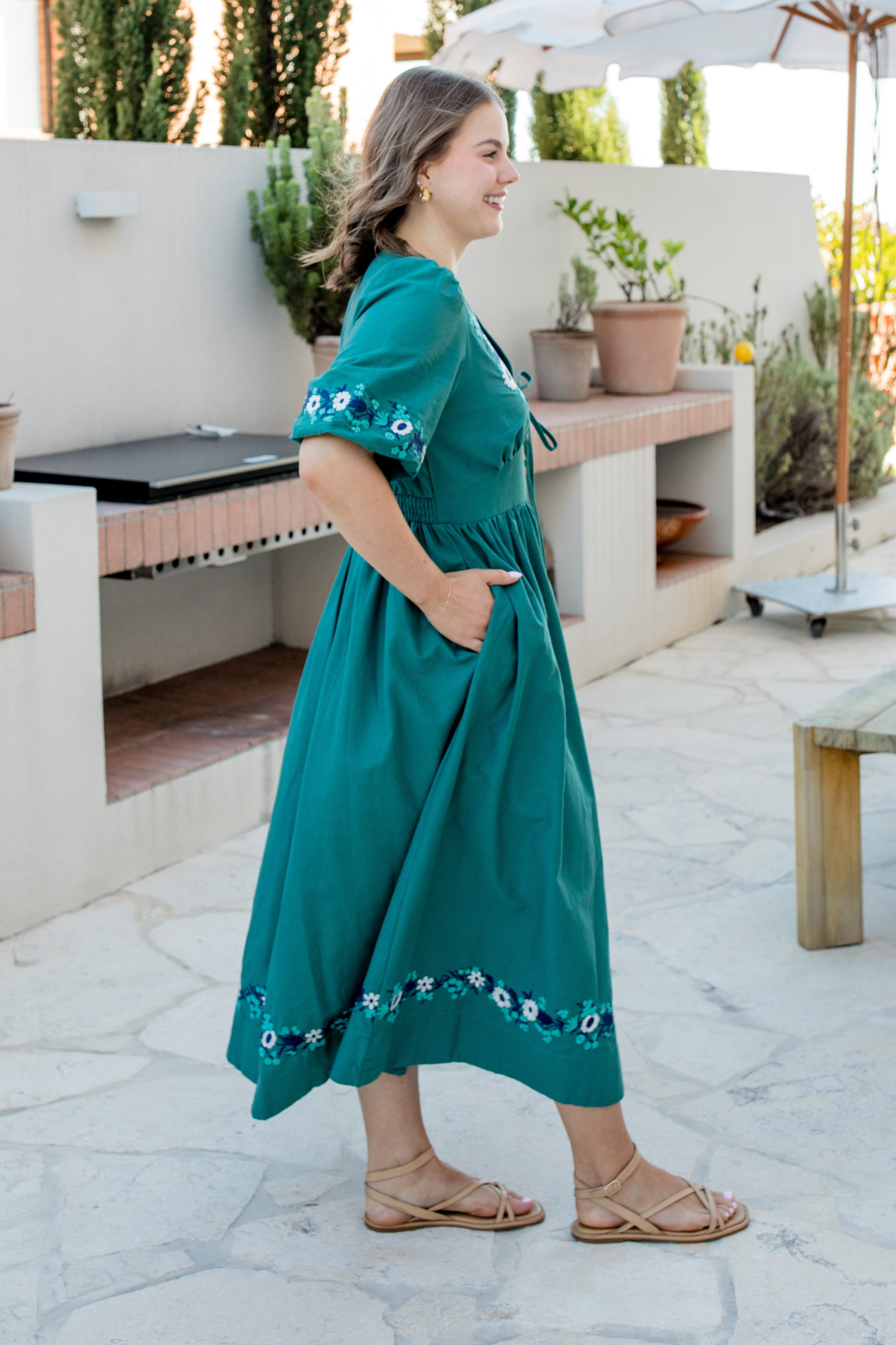 Quinn Embroidered Midi Dress Deep Sage