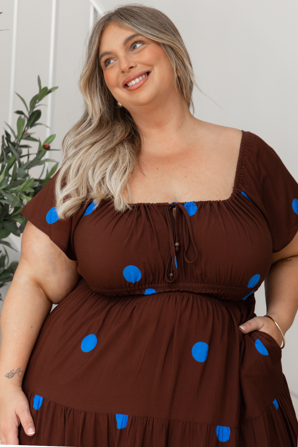Rebecca Dress Chocolate Blue Spot